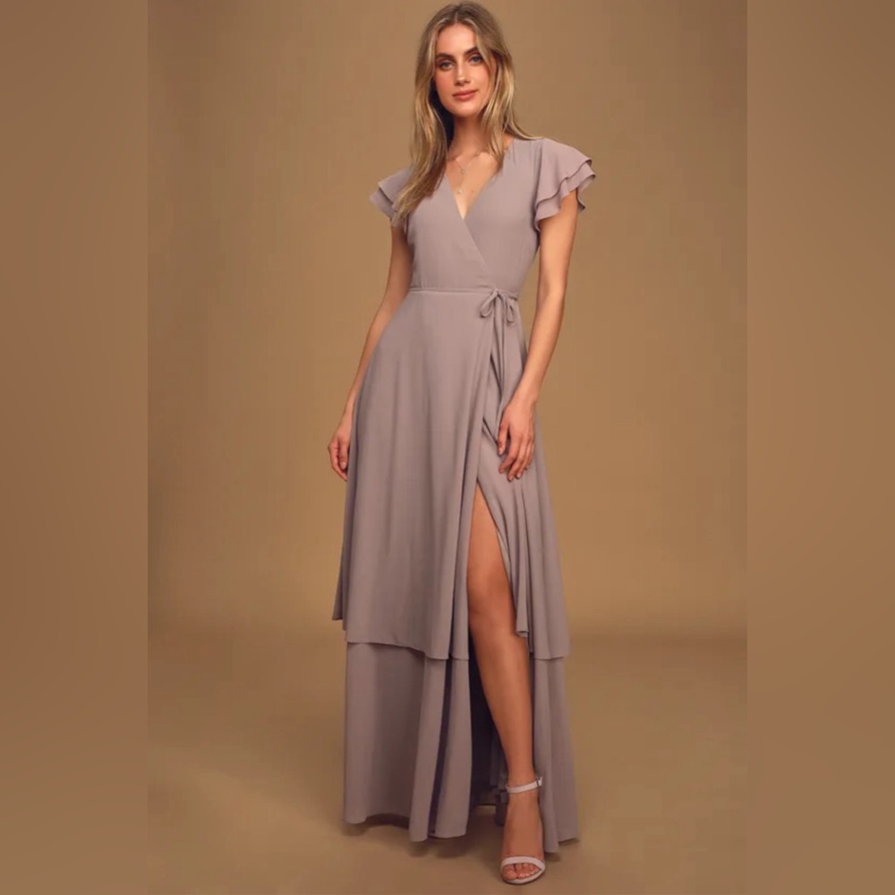 NWT Beautiful Forever Grey Lavender Tiered Wrap Maxi Dress Size Small